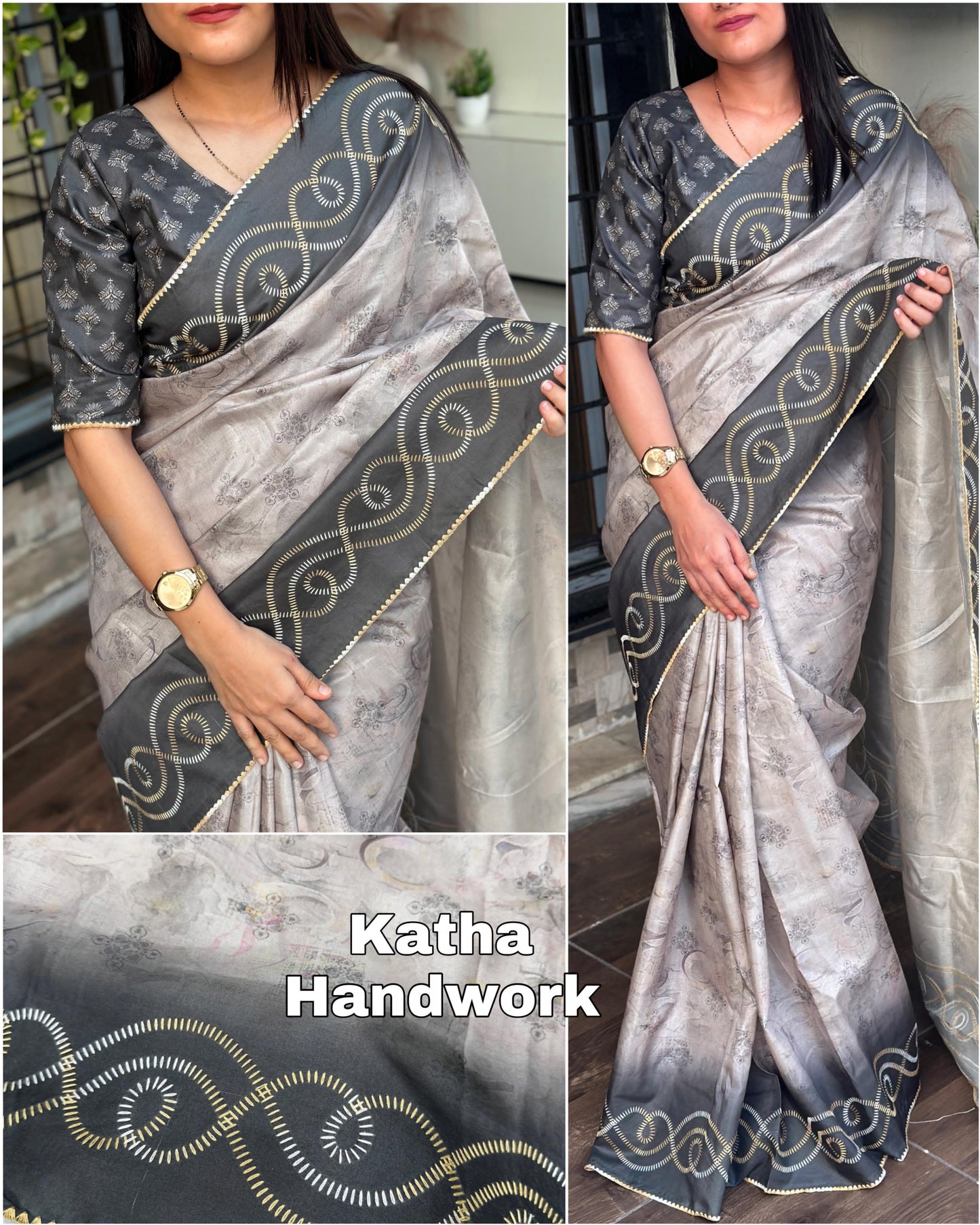 Designer Tussar Cotton Saree with Hand Kantha Work & Digital Print Blouse