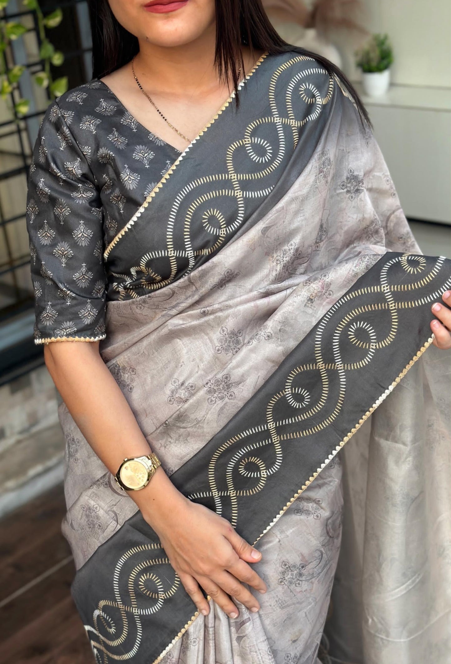 Designer Tussar Cotton Saree with Hand Kantha Work & Digital Print Blouse