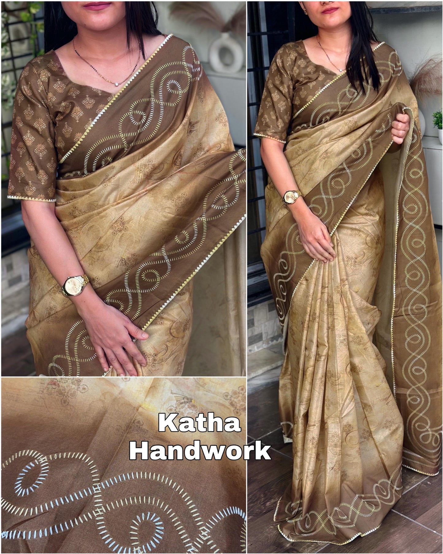 Designer Tussar Cotton Saree with Hand Kantha Work & Digital Print Blouse