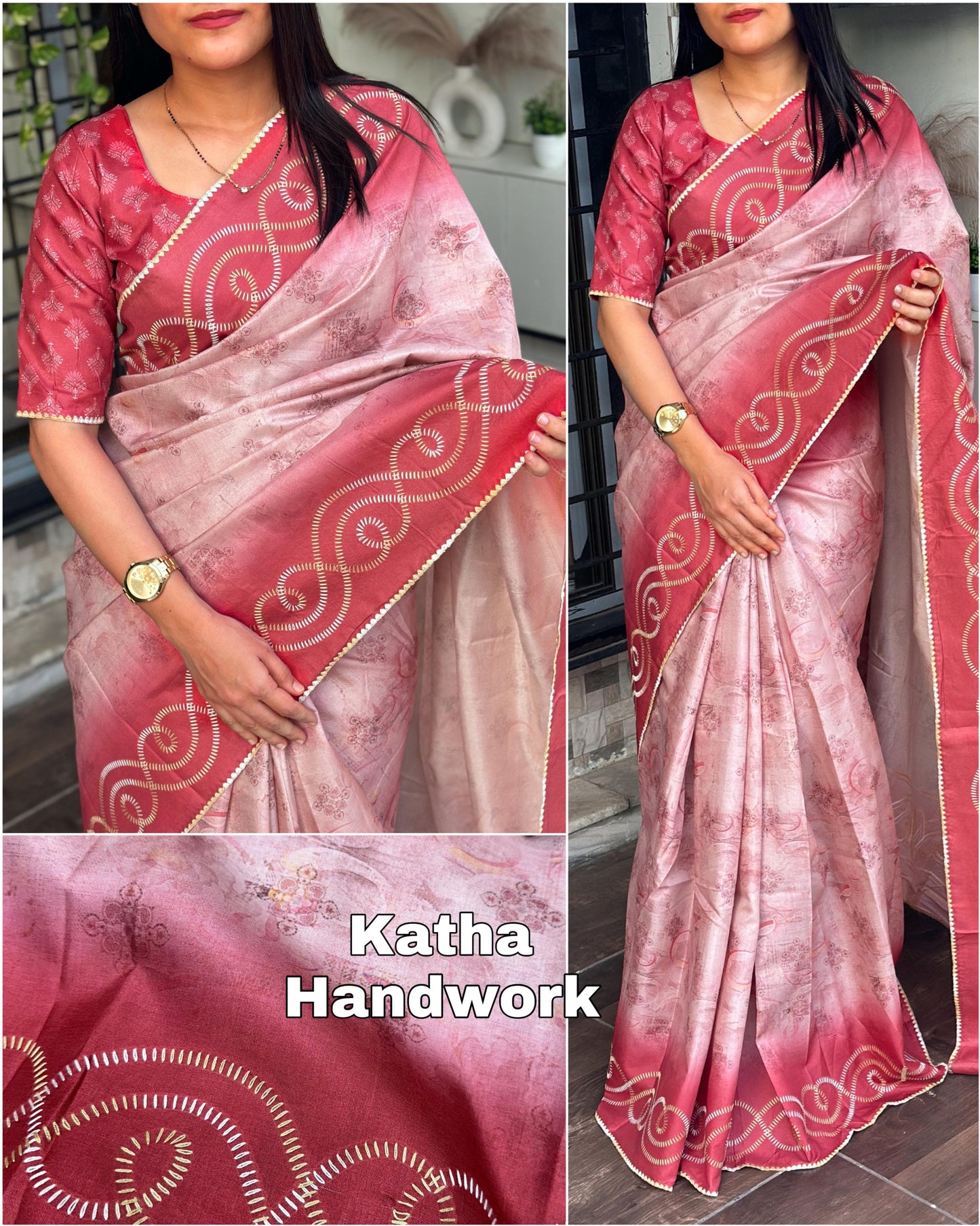 Designer Tussar Cotton Saree with Hand Kantha Work & Digital Print Blouse