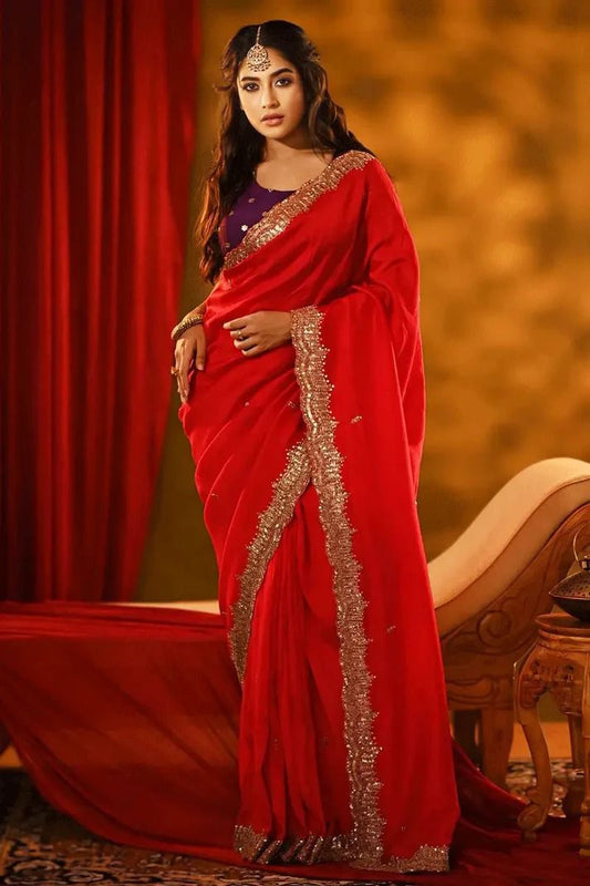 Traditional  Embroidered Cording & Sequins Work Red Colour Jimmy Choo Fabric Saree with Blouse