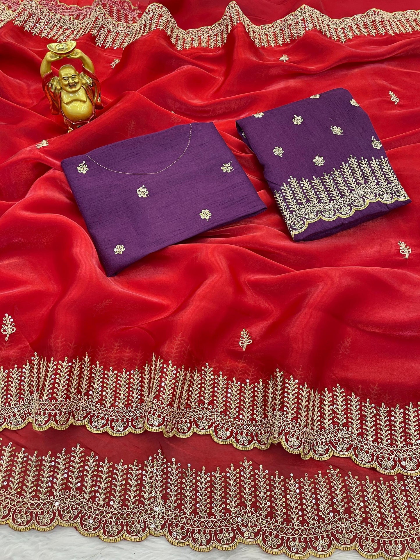 Traditional  Embroidered Cording & Sequins Work Red Colour Jimmy Choo Fabric Saree with Blouse