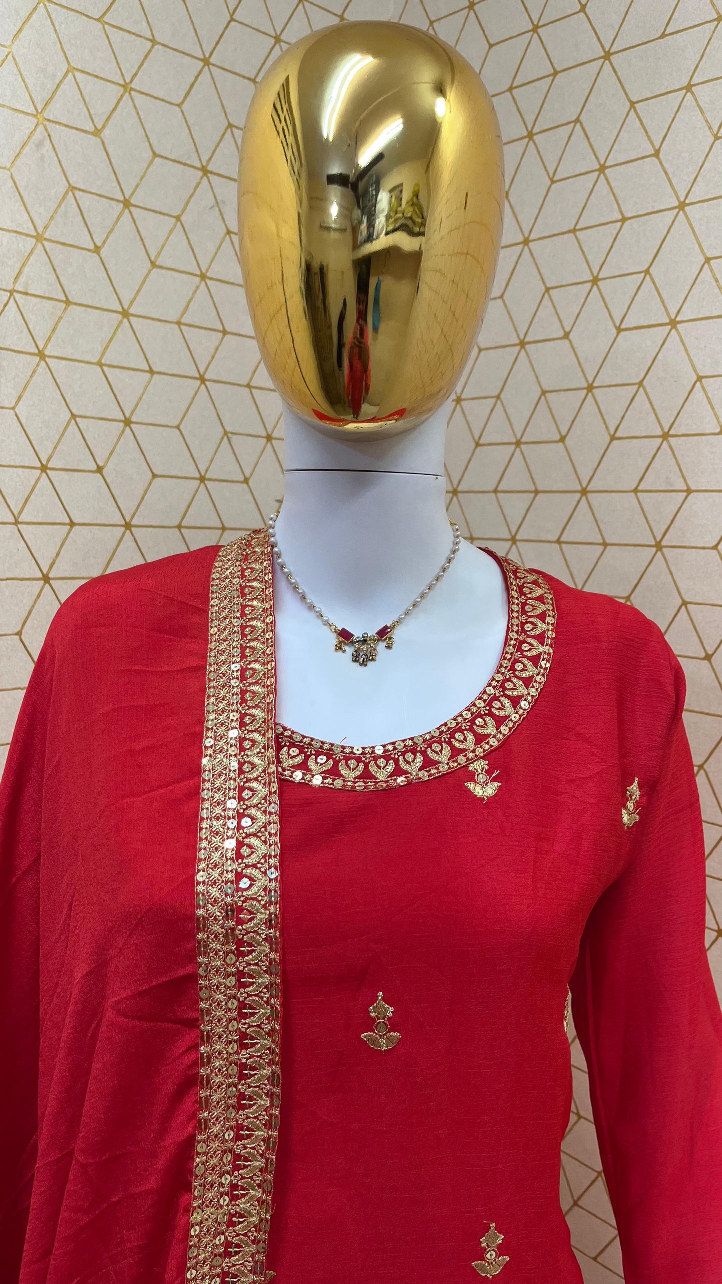 Designer Chinon Silk Embroidered Kurta Top with Palazzo and Dupatta Set