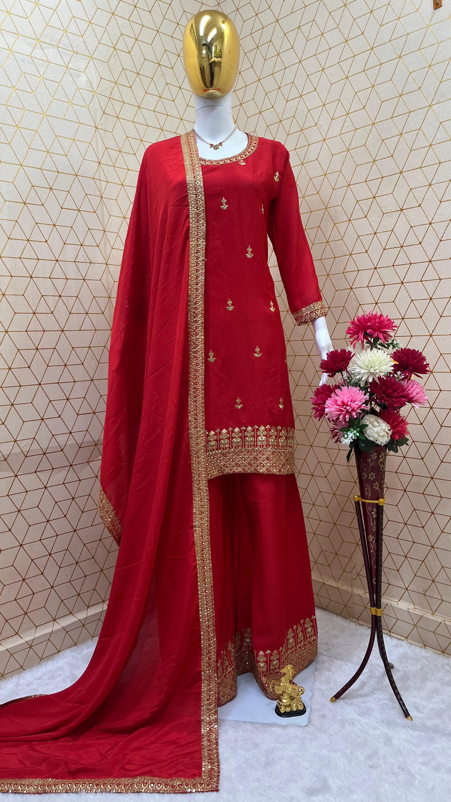 Designer Chinon Silk Embroidered Kurta Top with Palazzo and Dupatta Set