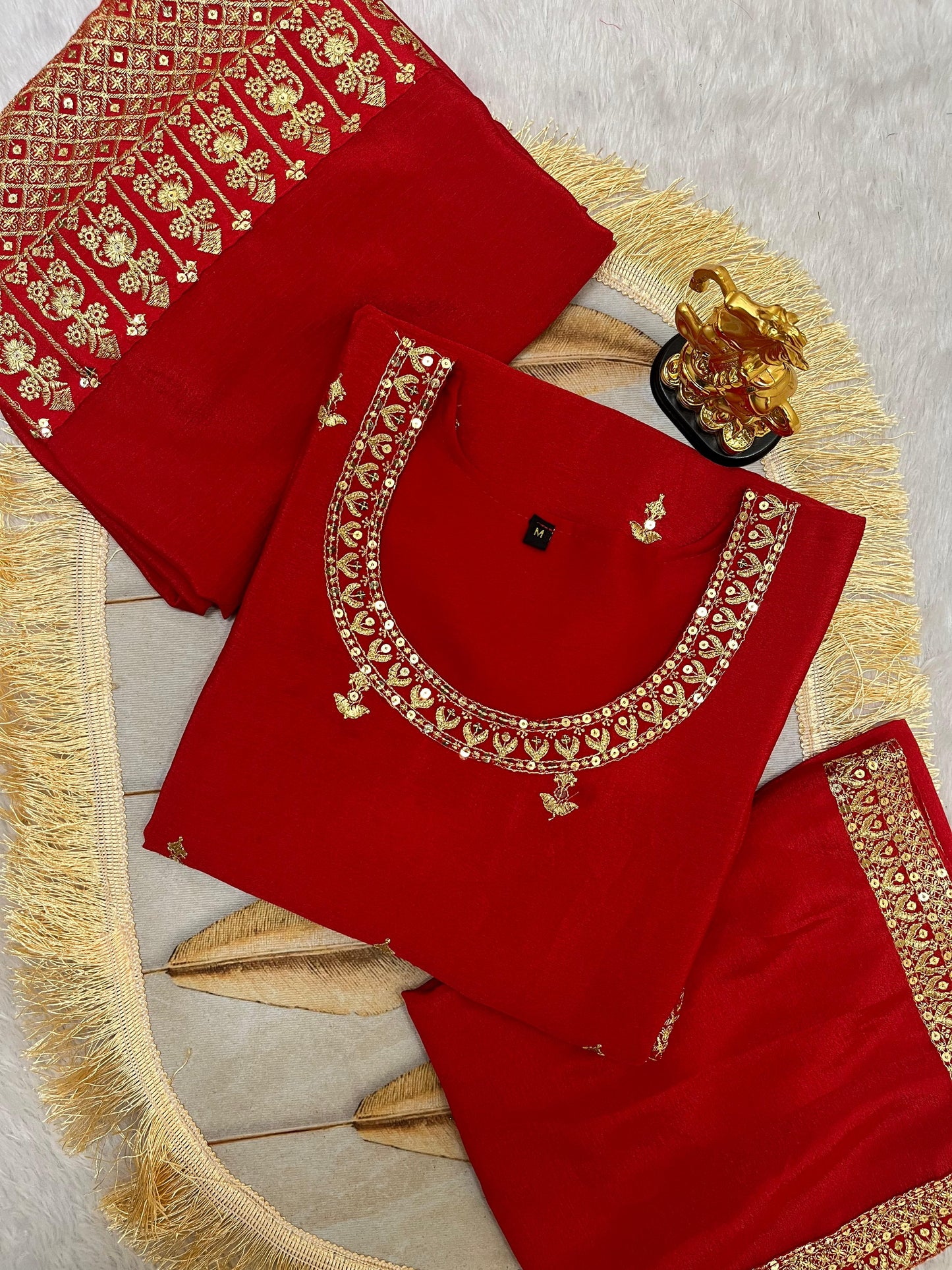 Designer Chinon Silk Embroidered Kurta Top with Palazzo and Dupatta Set