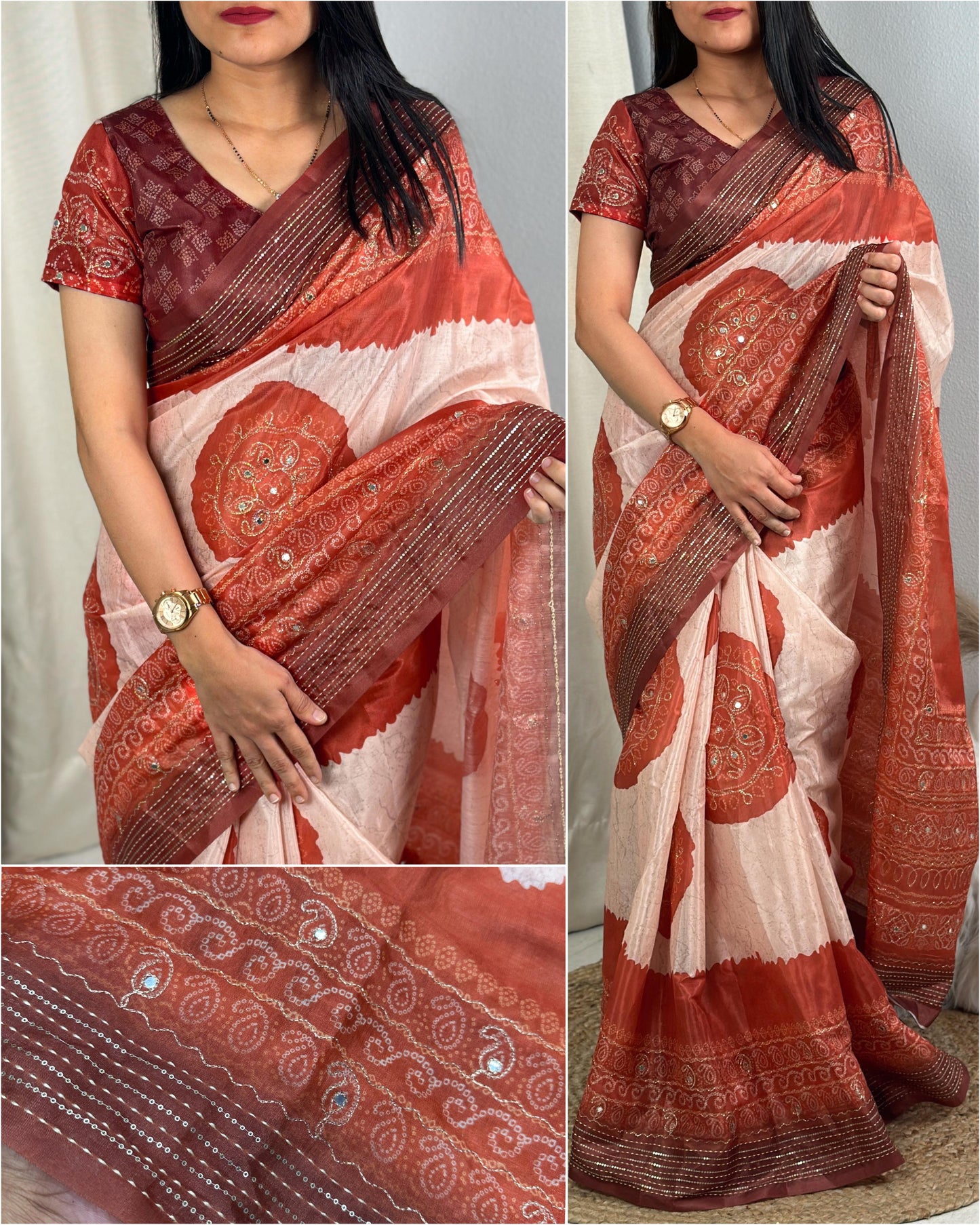 Festive Hand Kantha & Gotta Patti Mirror Work Colourful Silk Saree with Blouse