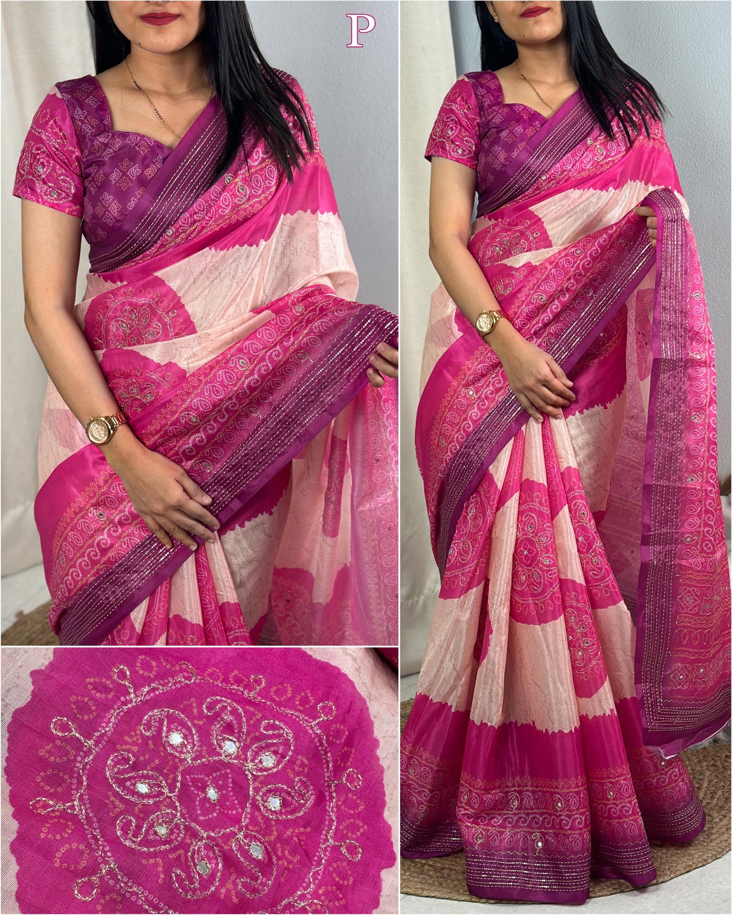 Festive Hand Kantha & Gotta Patti Mirror Work Colourful Silk Saree with Blouse