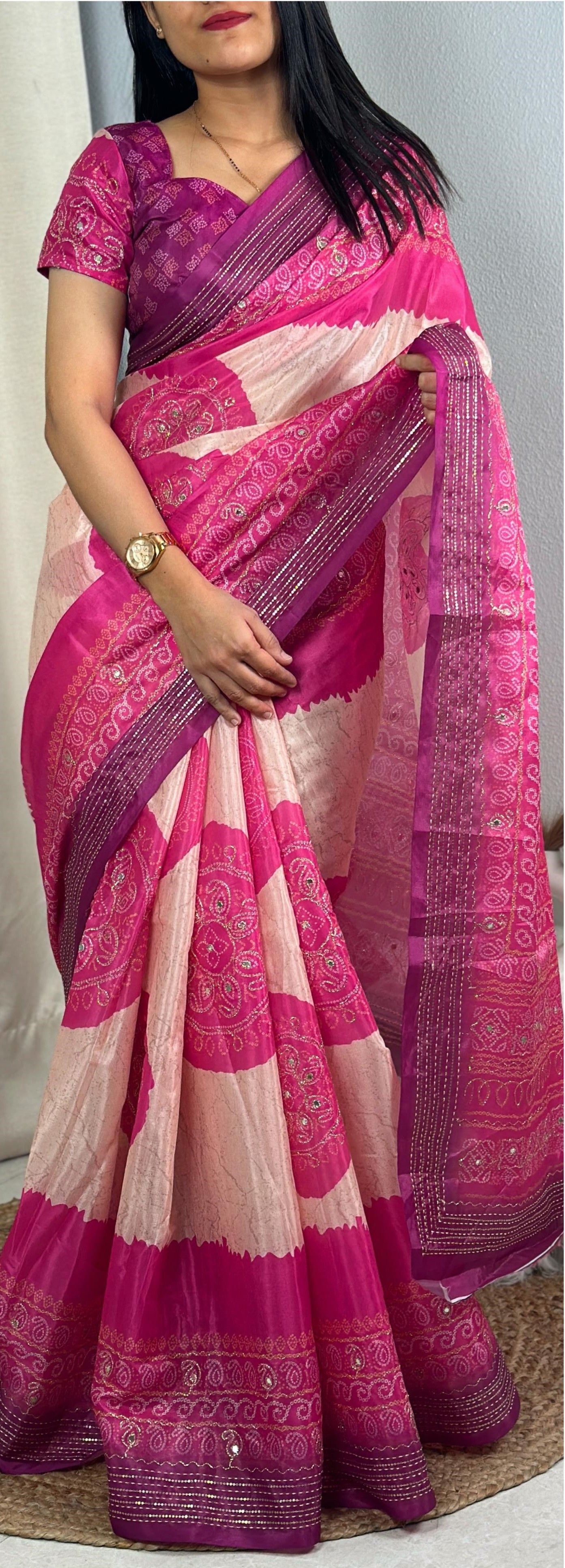 Festive Hand Kantha & Gotta Patti Mirror Work Colourful Silk Saree with Blouse