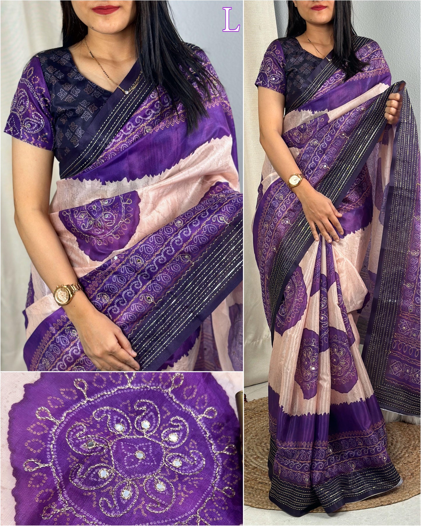 Festive Hand Kantha & Gotta Patti Mirror Work Colourful Silk Saree with Blouse