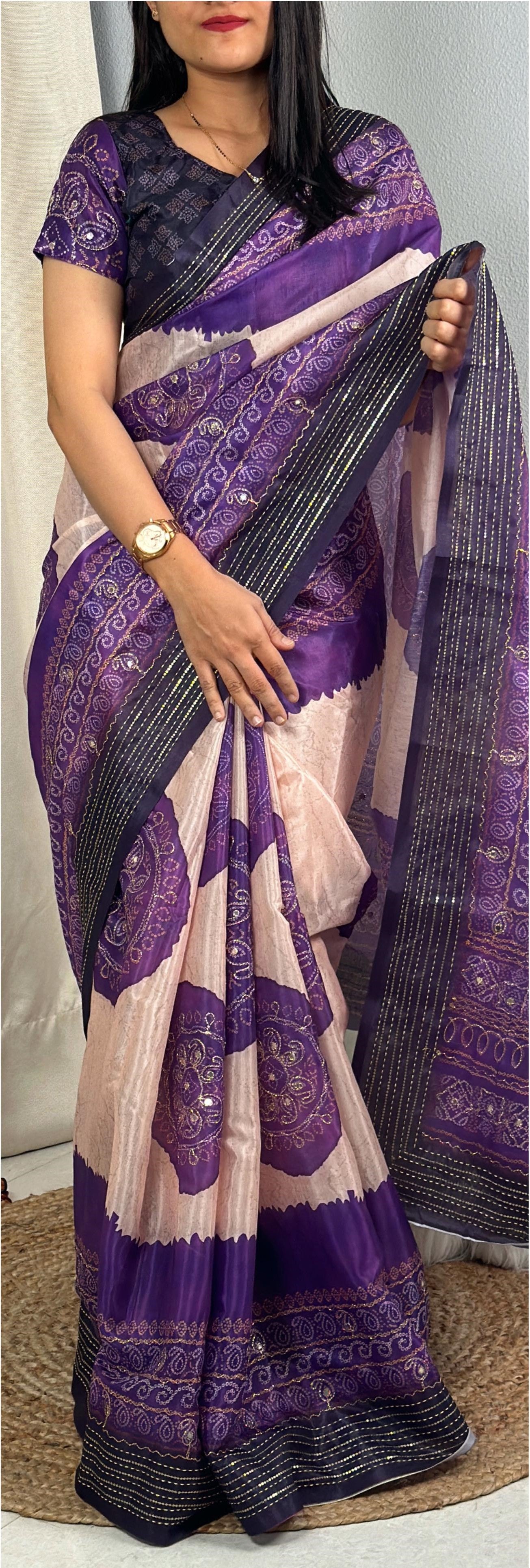 Festive Hand Kantha & Gotta Patti Mirror Work Colourful Silk Saree with Blouse