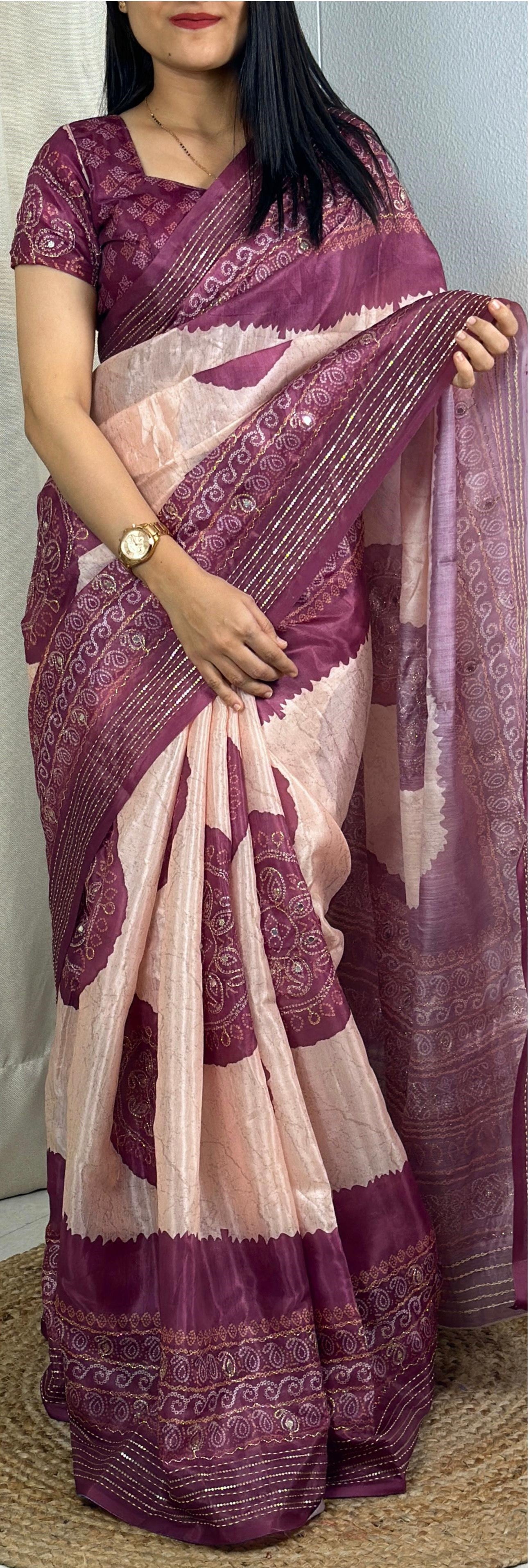 Festive Hand Kantha & Gotta Patti Mirror Work Colourful Silk Saree with Blouse