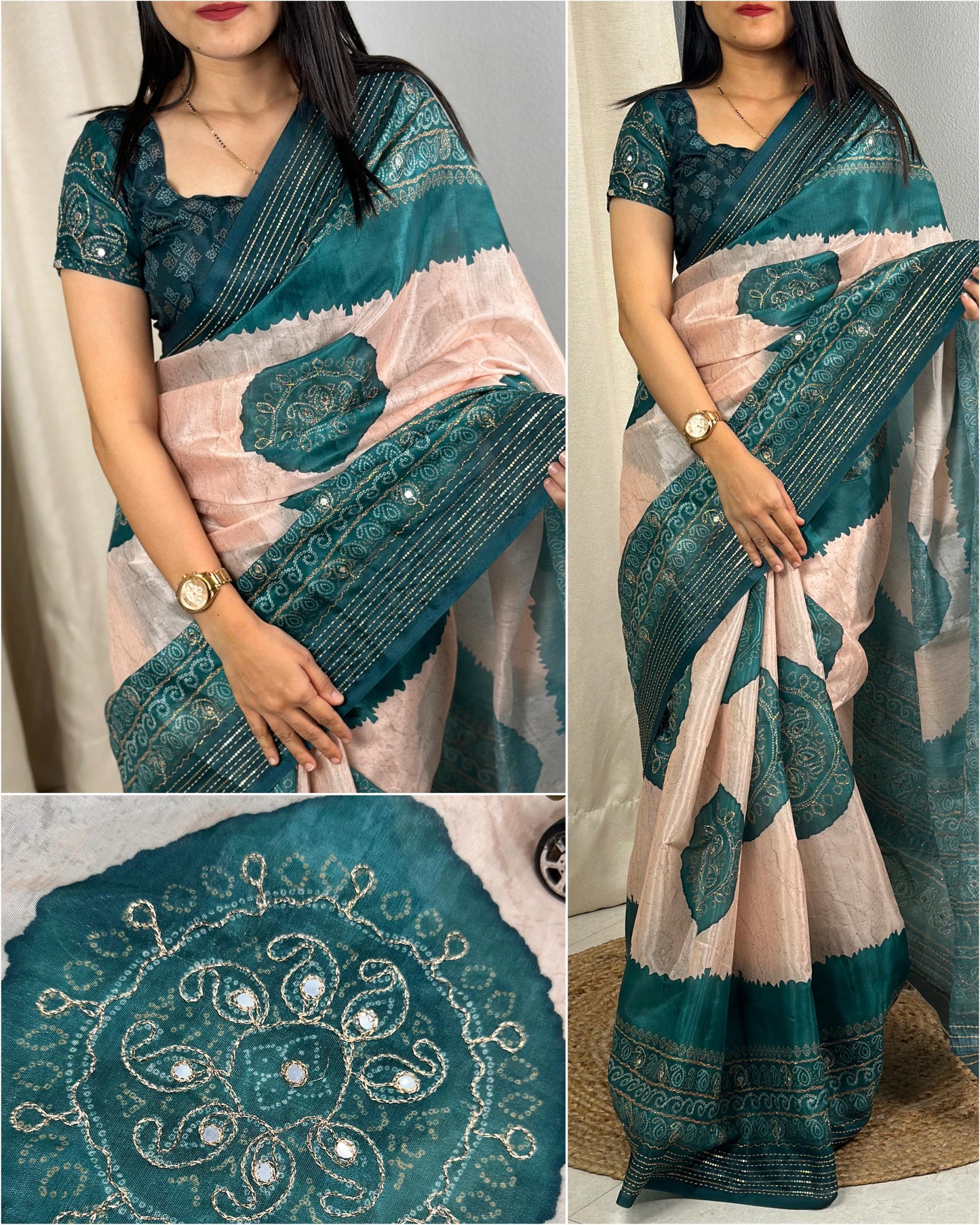 Festive Hand Kantha & Gotta Patti Mirror Work Colourful Silk Saree with Blouse