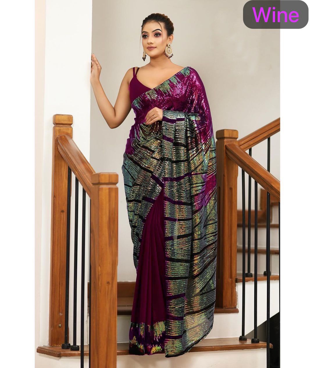 Multicolour Sequin Work Georgette Saree with Diamond Silk Blouse