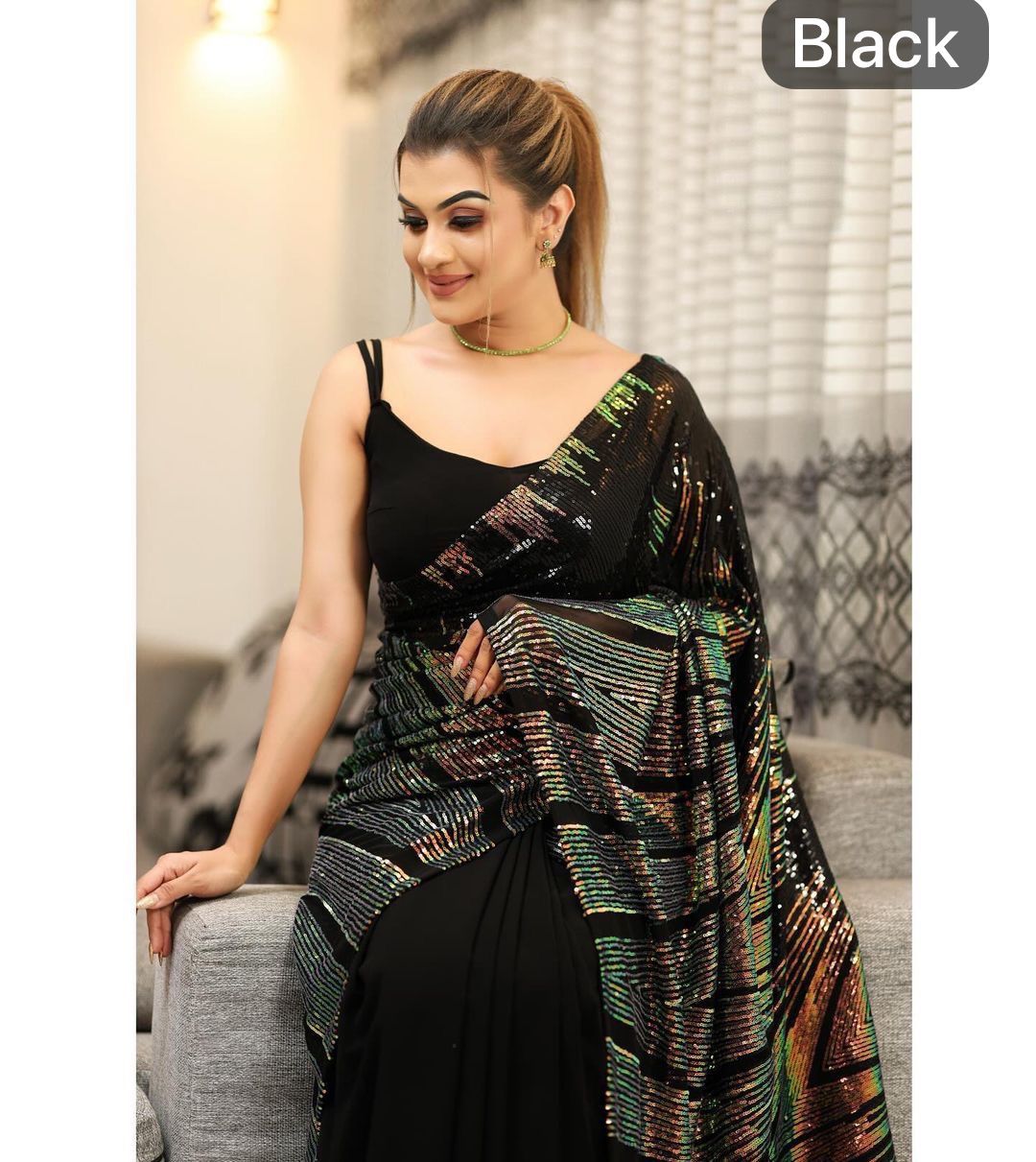 Multicolour Sequin Work Georgette Saree with Diamond Silk Blouse