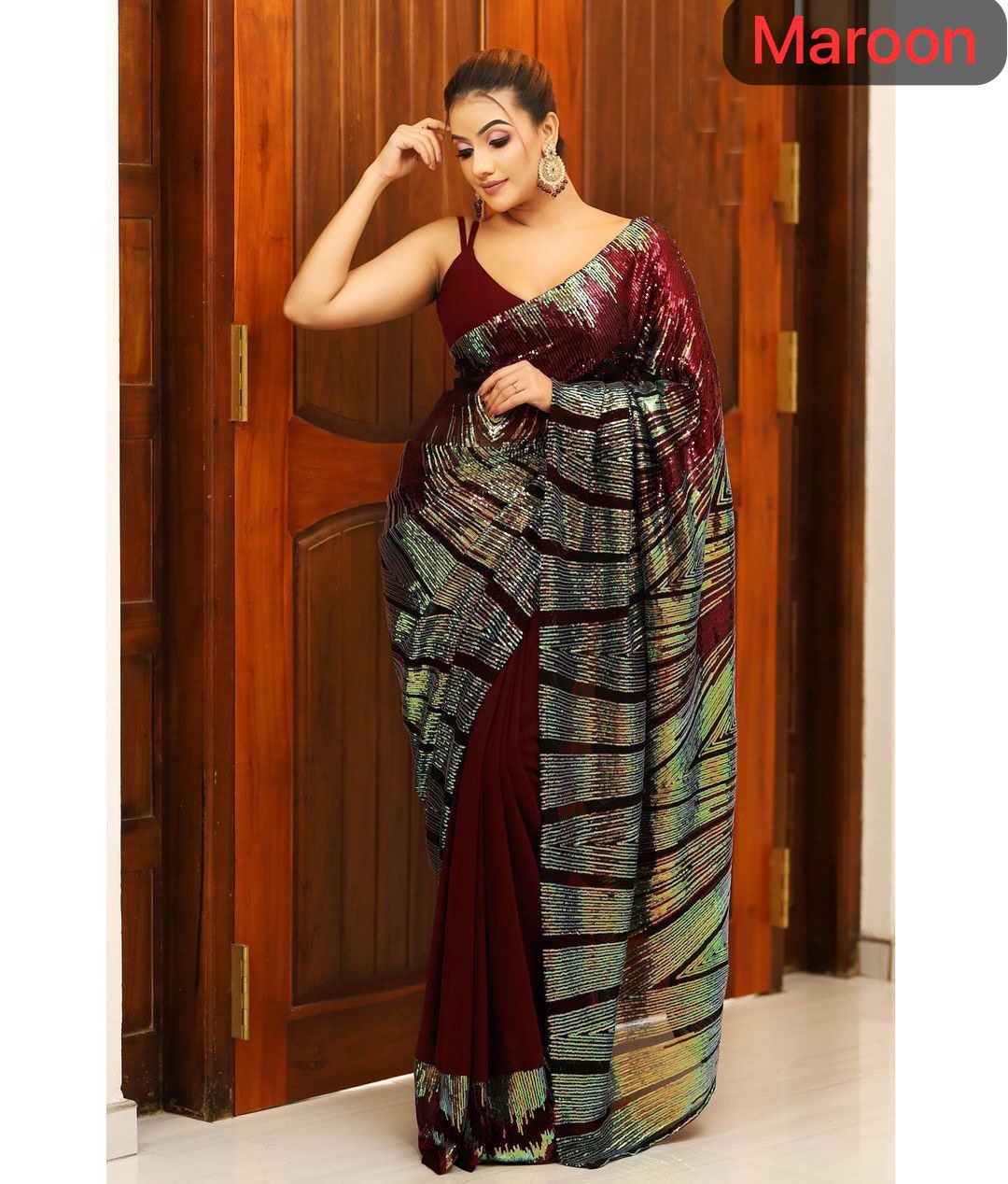 Multicolour Sequin Work Georgette Saree with Diamond Silk Blouse