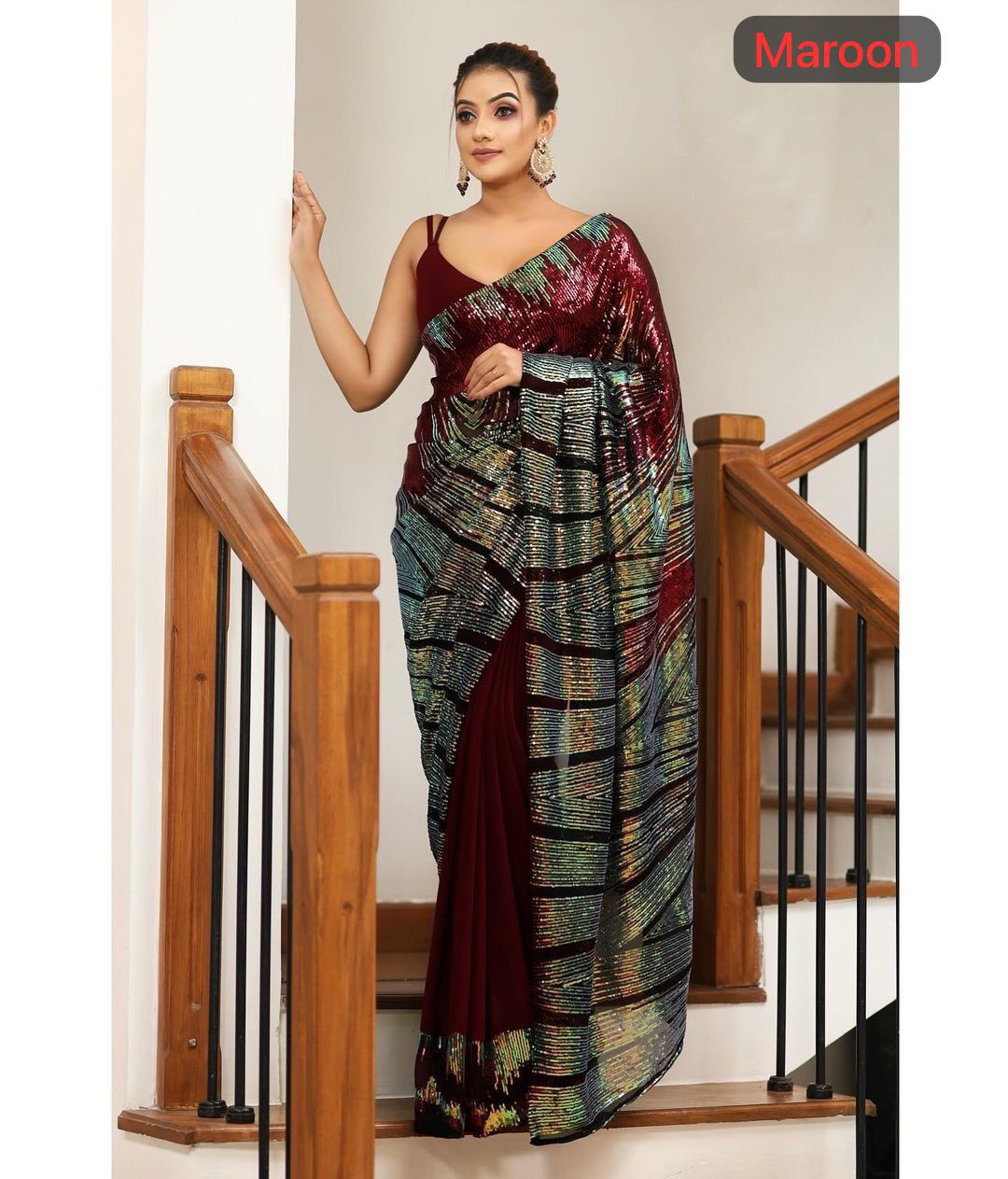 Multicolour Sequin Work Georgette Saree with Diamond Silk Blouse