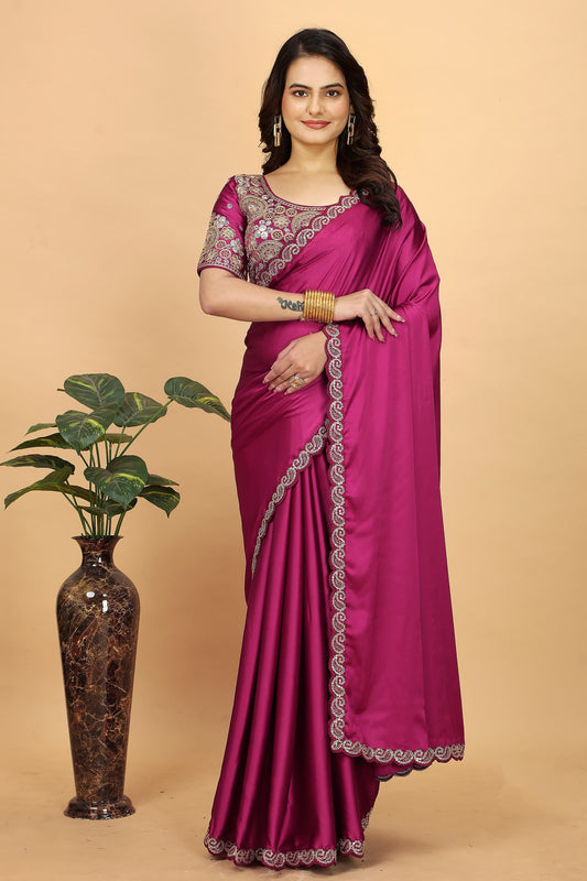 Elegant Pure Japan Satin Silk Saree with Heavy Cording Lace & Designer Stitched Blouse