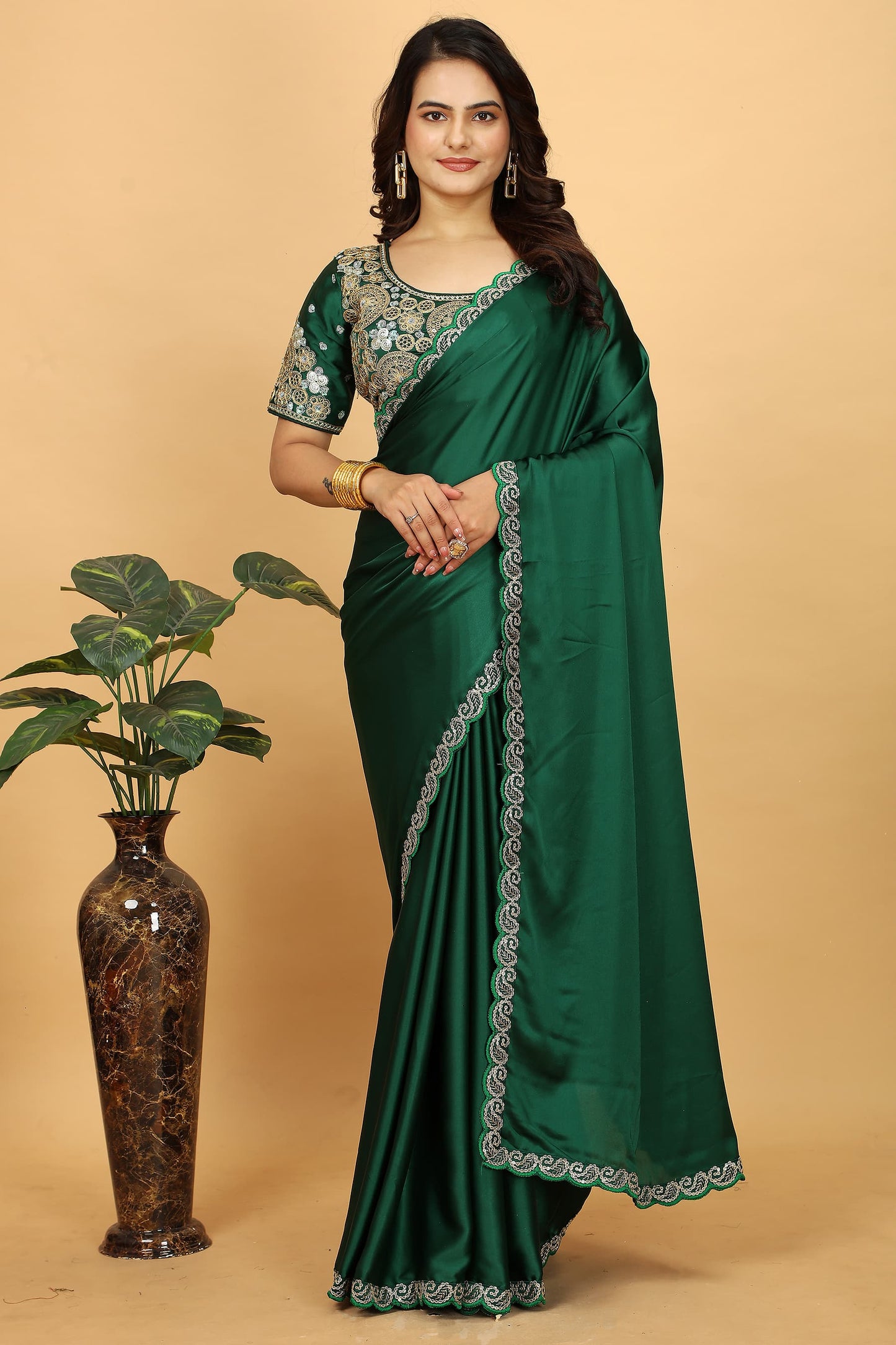 Elegant Pure Japan Satin Silk Saree with Heavy Cording Lace & Designer Stitched Blouse