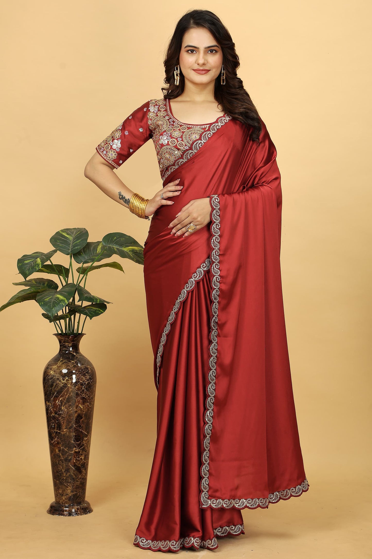 Elegant Pure Japan Satin Silk Saree with Heavy Cording Lace & Designer Stitched Blouse