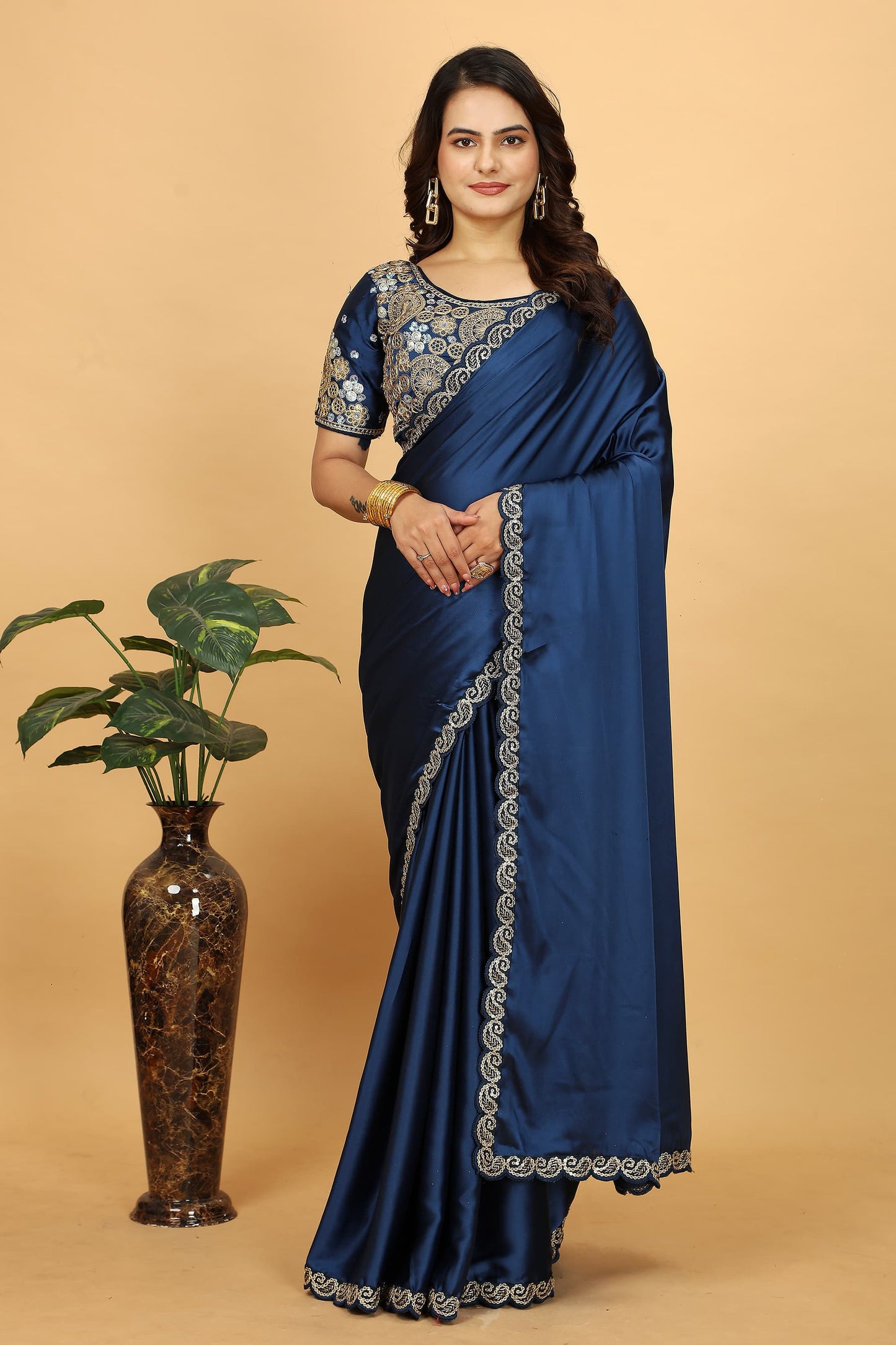 Elegant Pure Japan Satin Silk Saree with Heavy Cording Lace & Designer Stitched Blouse