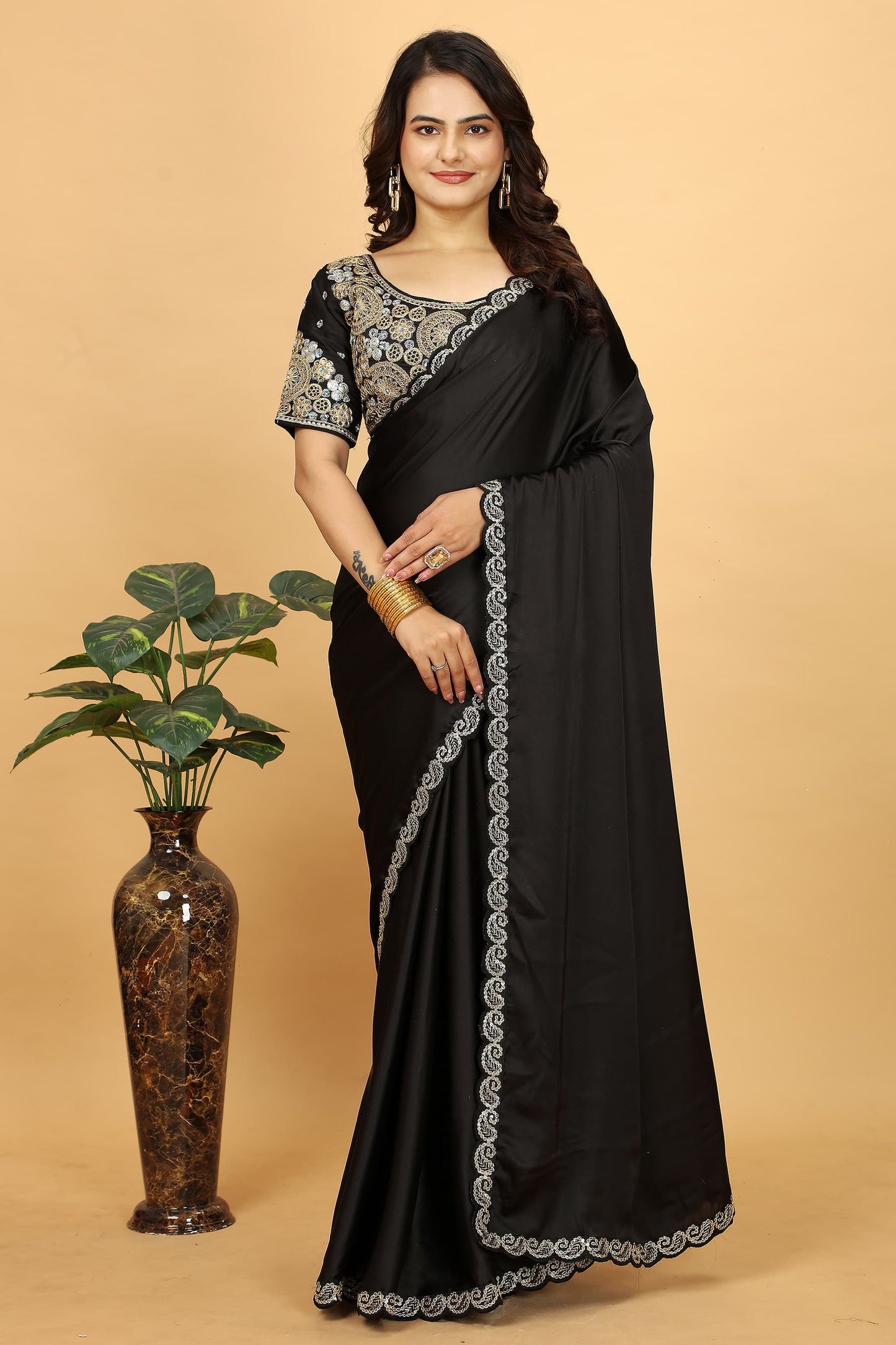 Elegant Pure Japan Satin Silk Saree with Heavy Cording Lace & Designer Stitched Blouse