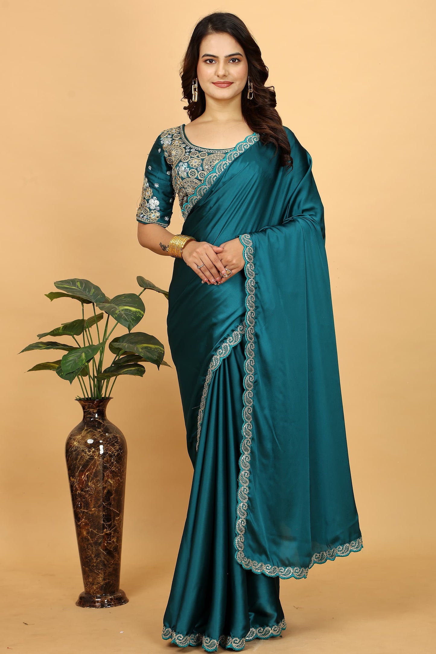 Elegant Pure Japan Satin Silk Saree with Heavy Cording Lace & Designer Stitched Blouse