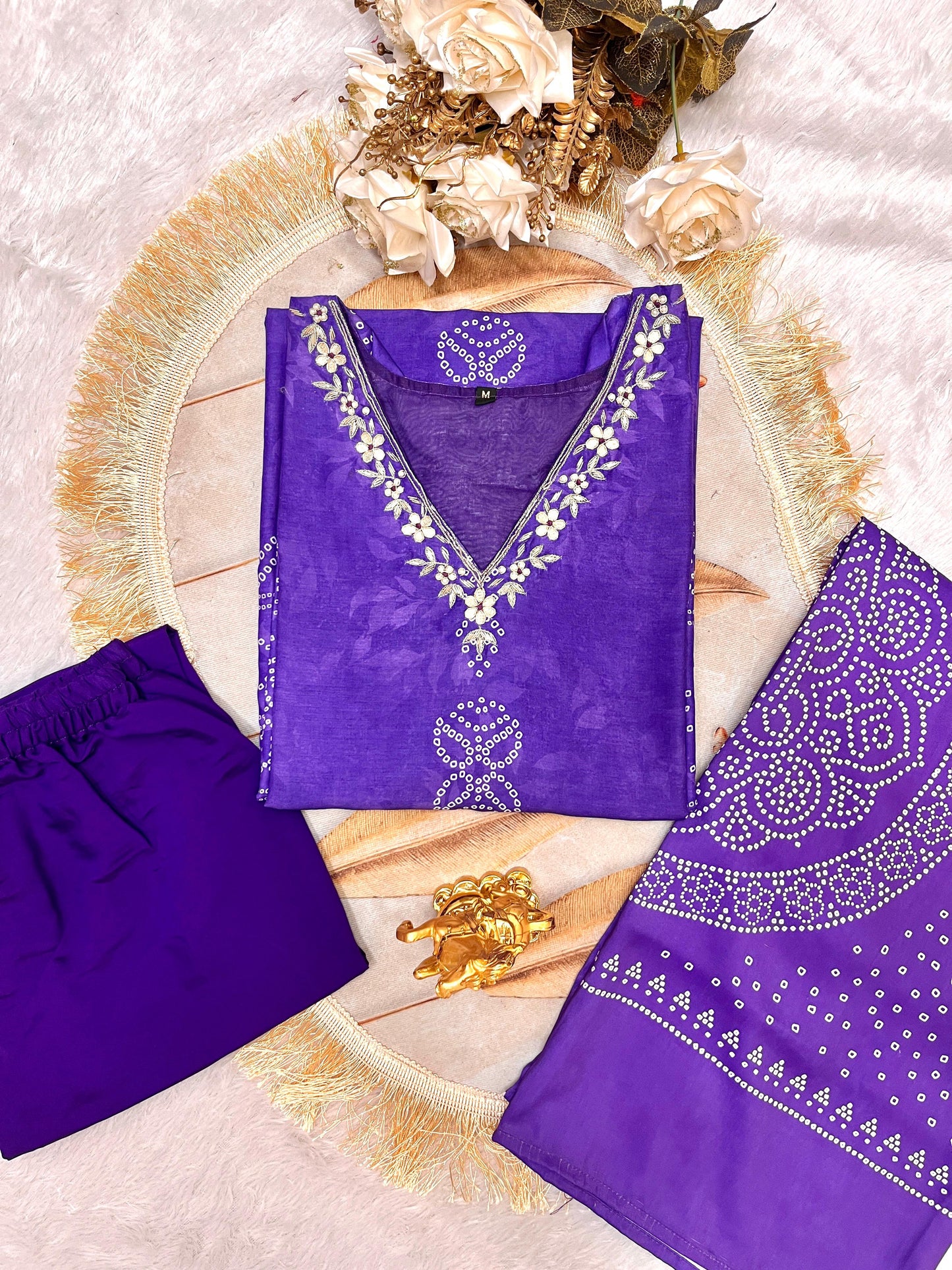 Purple Designer Handwork Digital Printed Kurta Top & Pant Set with Maslin Dupatta