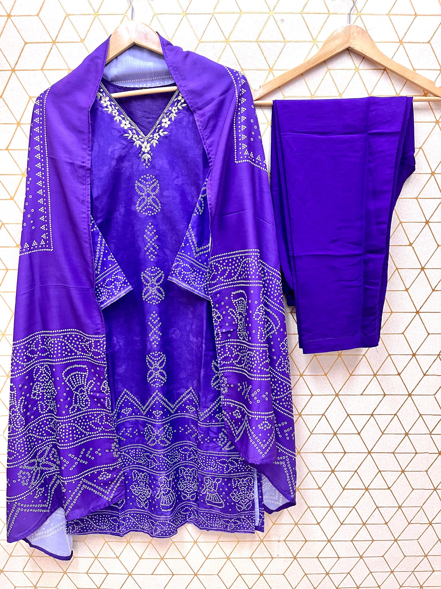 Purple Designer Handwork Digital Printed Kurta Top & Pant Set with Maslin Dupatta