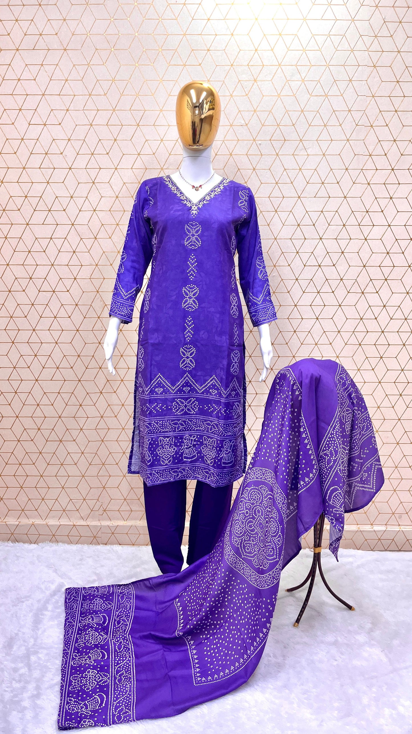 Purple Designer Handwork Digital Printed Kurta Top & Pant Set with Maslin Dupatta