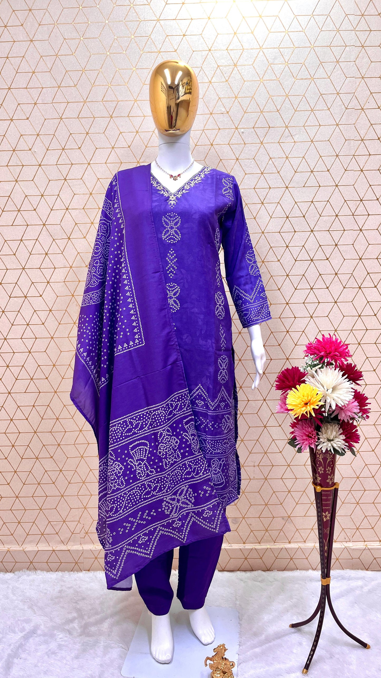 Purple Designer Handwork Digital Printed Kurta Top & Pant Set with Maslin Dupatta