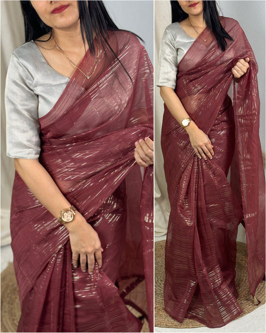 Elegant Glass Organza Saree with Zari Lining & Tassel Pallu  | Unstitched Jute Organza Blouse