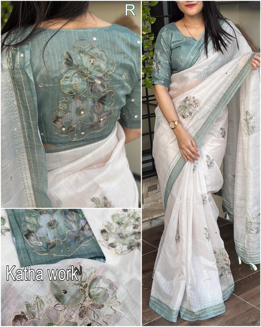 Designer Taspa Silk Saree with Gota Patti Mirror & Kantha Work