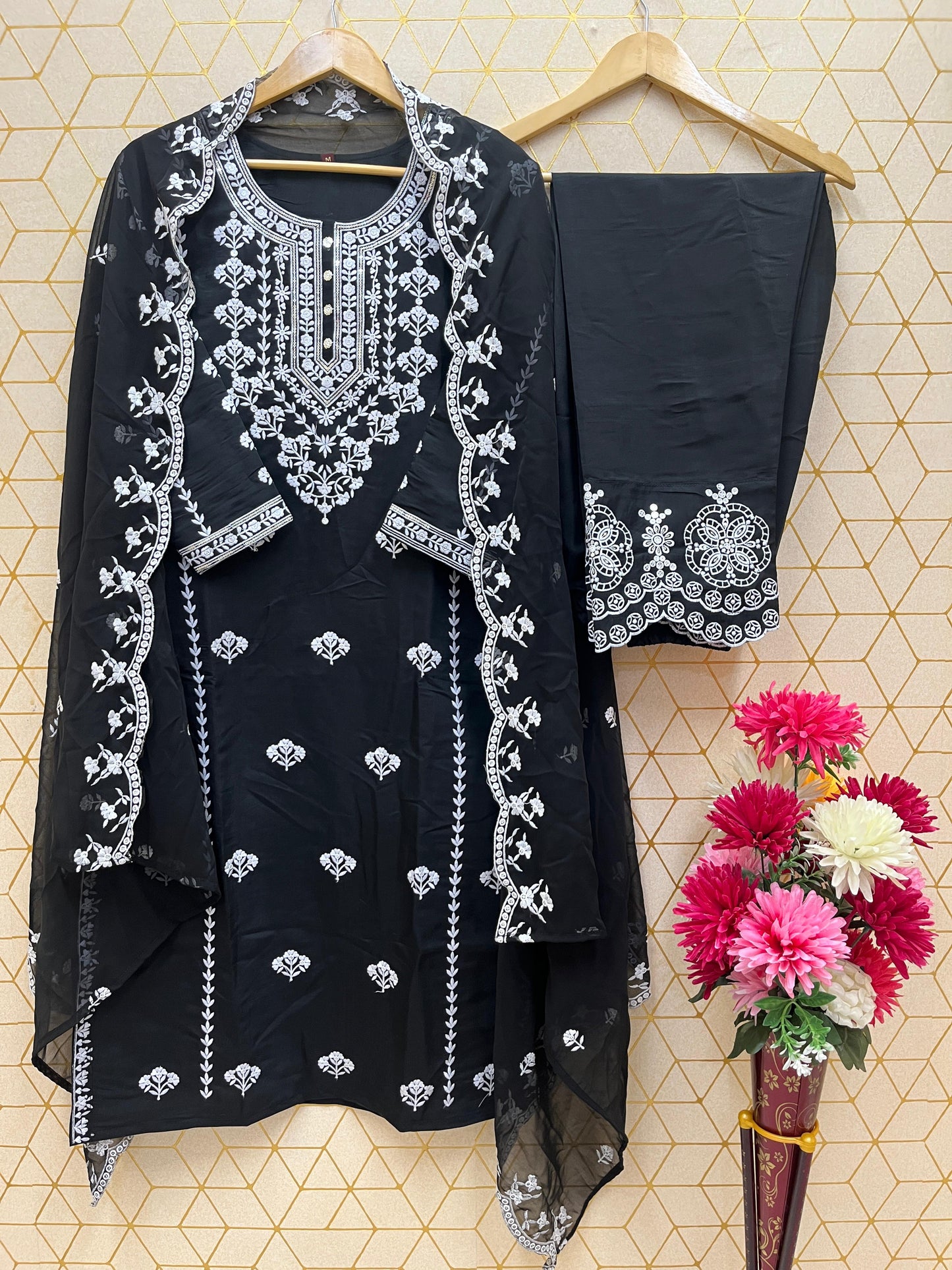 Designer Sequence Embroidered Kurta, Pant & Dupatta Set