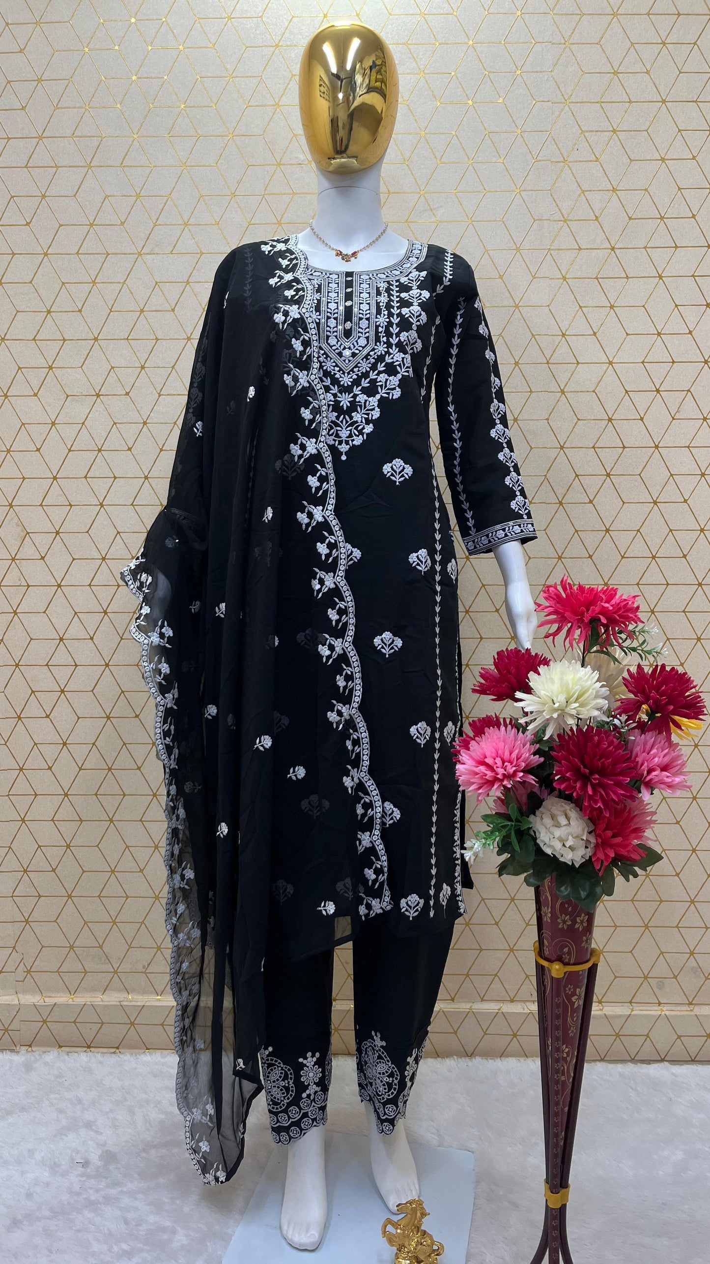 Designer Sequence Embroidered Kurta, Pant & Dupatta Set