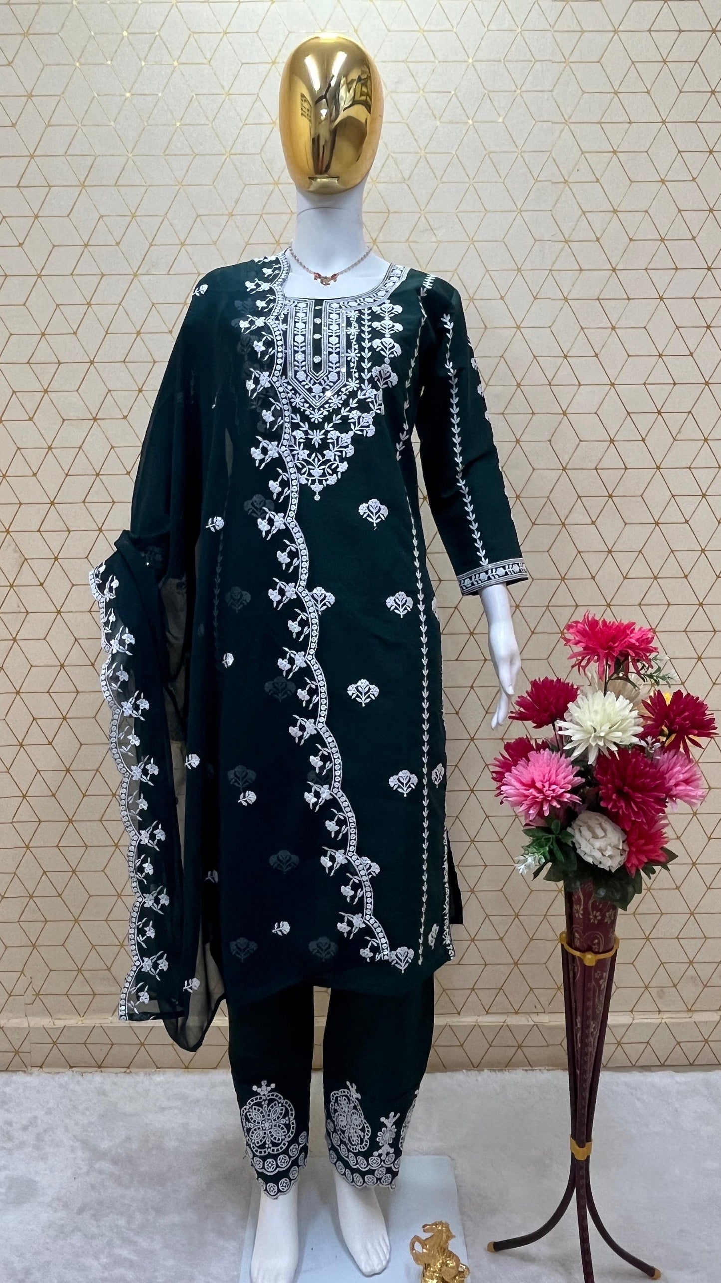 Designer Sequence Embroidered Kurta, Pant & Dupatta Set