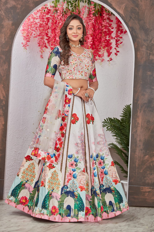 Elegant Ready to Wear Off-White Lehenga Choli Set | Medonna Silk Lehenga with Embroidery & Digital Print | Bridal & Festive Outfit