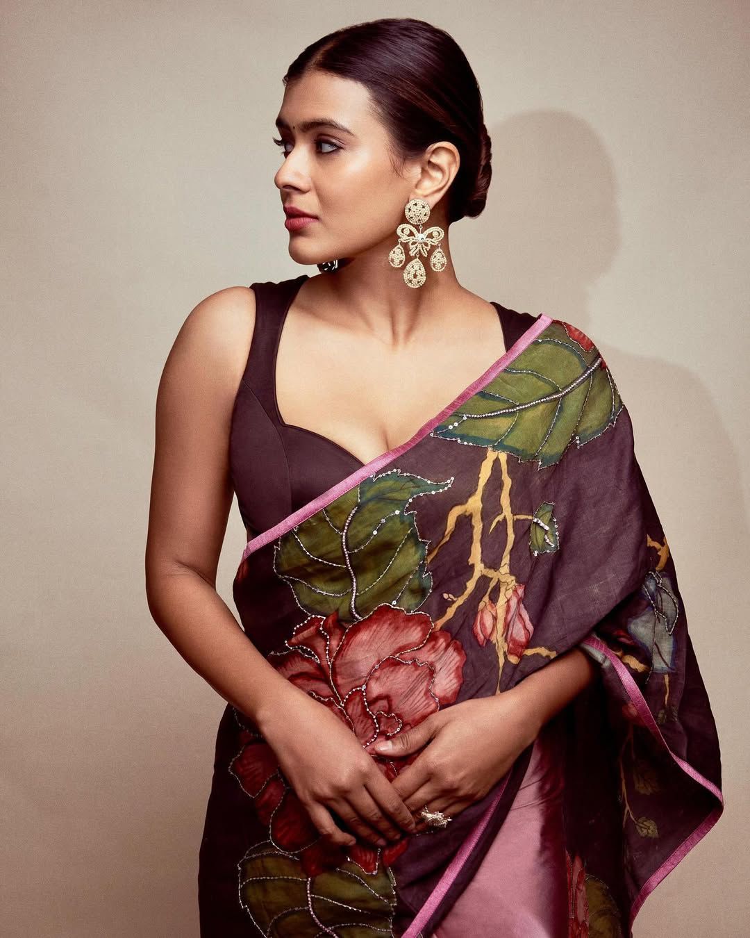 Black Satin Kalamkari Printed Saree with Hand Embroidery & Beadwork