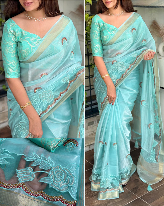 Women's Partywear Tissue Silk Saree with Laser Cutwork & Thread Sequin Detailing with Cotton Jacquard Blouse