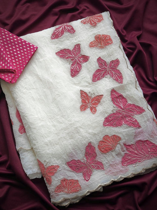 Pure & Premium Applique Embroidery With Hand Cutwork Butterfly Painteed Border Chiffon Crush Saree