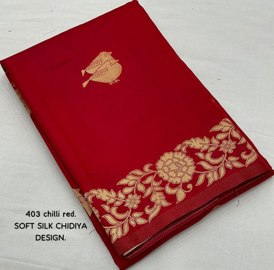 Women's Beautiful Gold Zari Border & Double Chidiya Design Red Soft Silk Saree with Blouse
