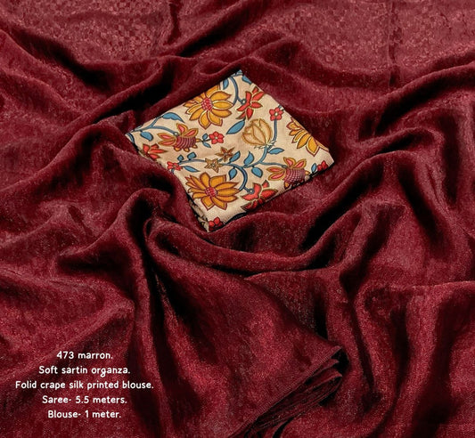 Premium Satin Organza Woven Design Saree with Crepe Silk Foil Printed Blouse