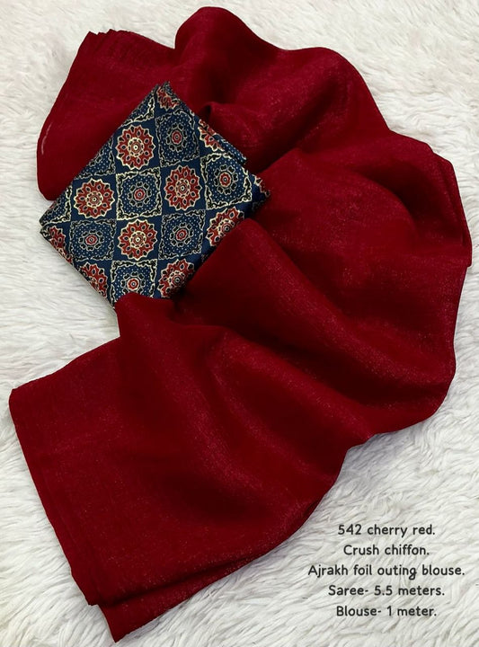 Cherry Red Solid Crush Chiffon Saree with Ajrakh Foil Print Contrast Blouse