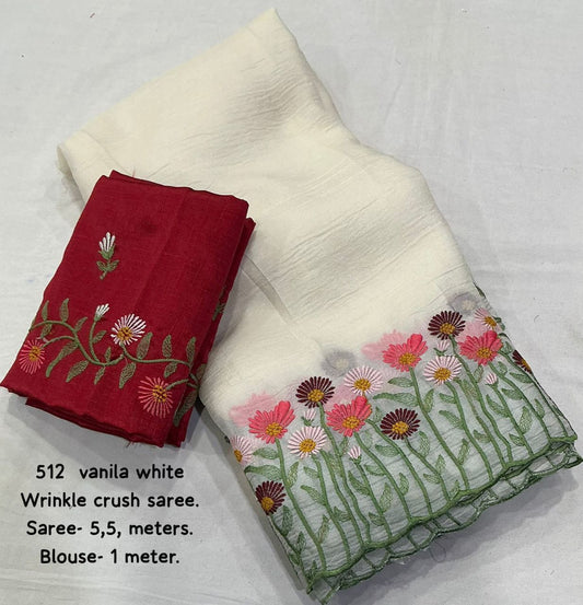 Elegant Off White Wrinkle Crush Saree with Heavy C-Pallu Embroidery & Phantom Silk Blouse