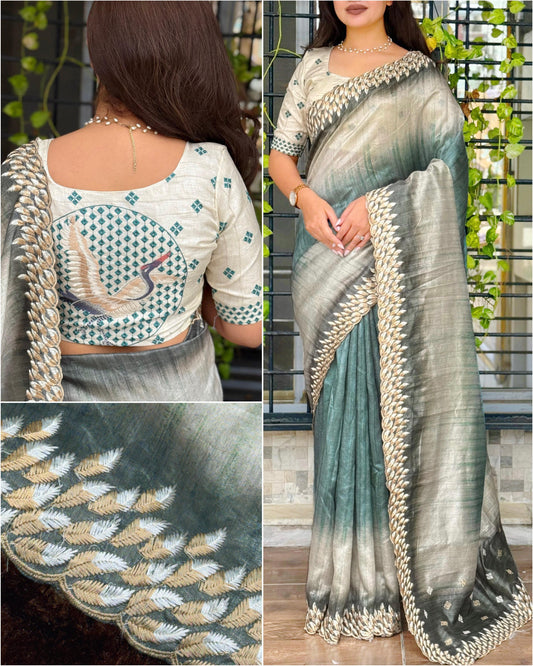 Digital Print & Kashmiri Embroidery Work Designer Tussar Silk Saree with Blouse