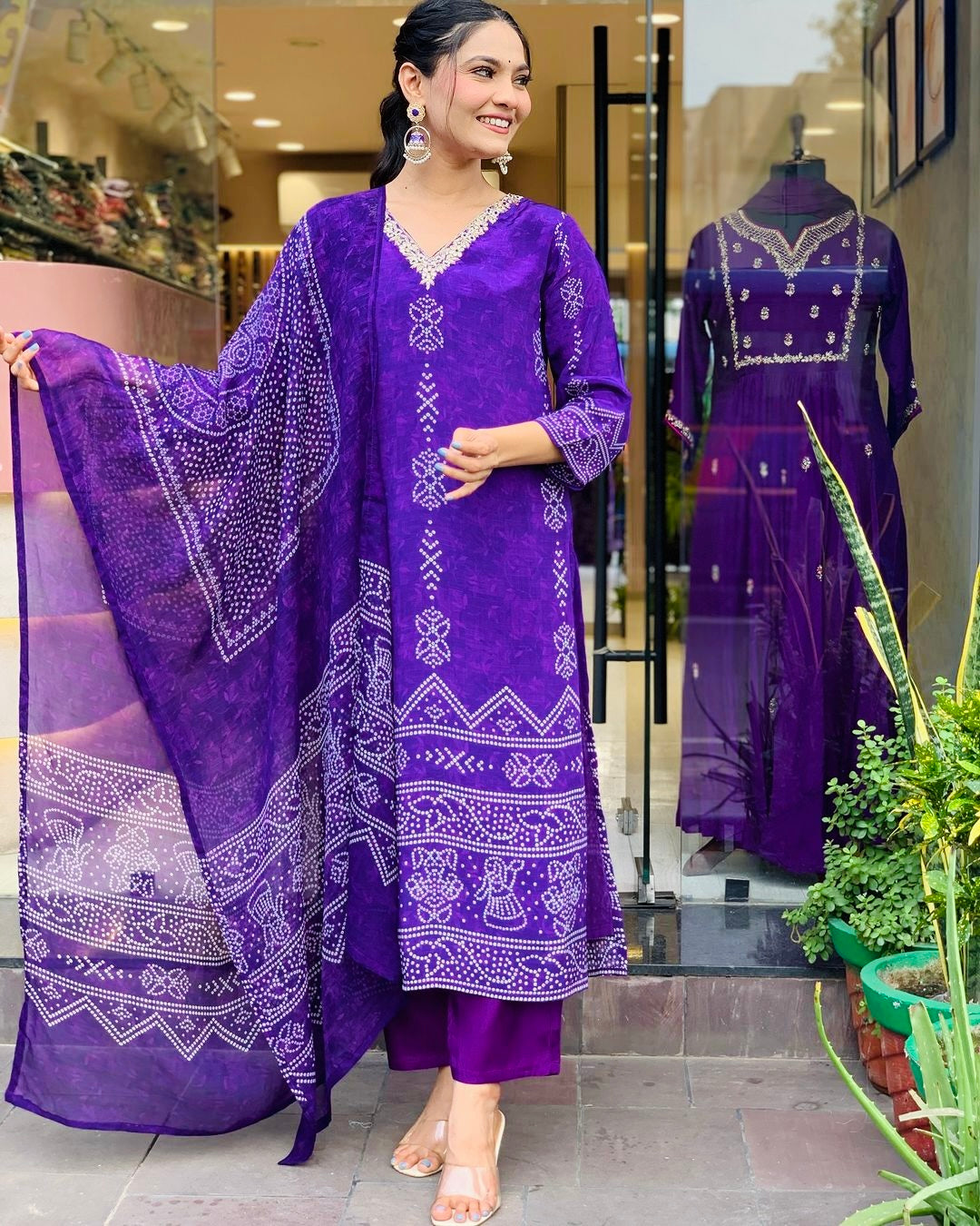 Purple Designer Handwork Digital Printed Kurta Top & Pant Set with Maslin Dupatta