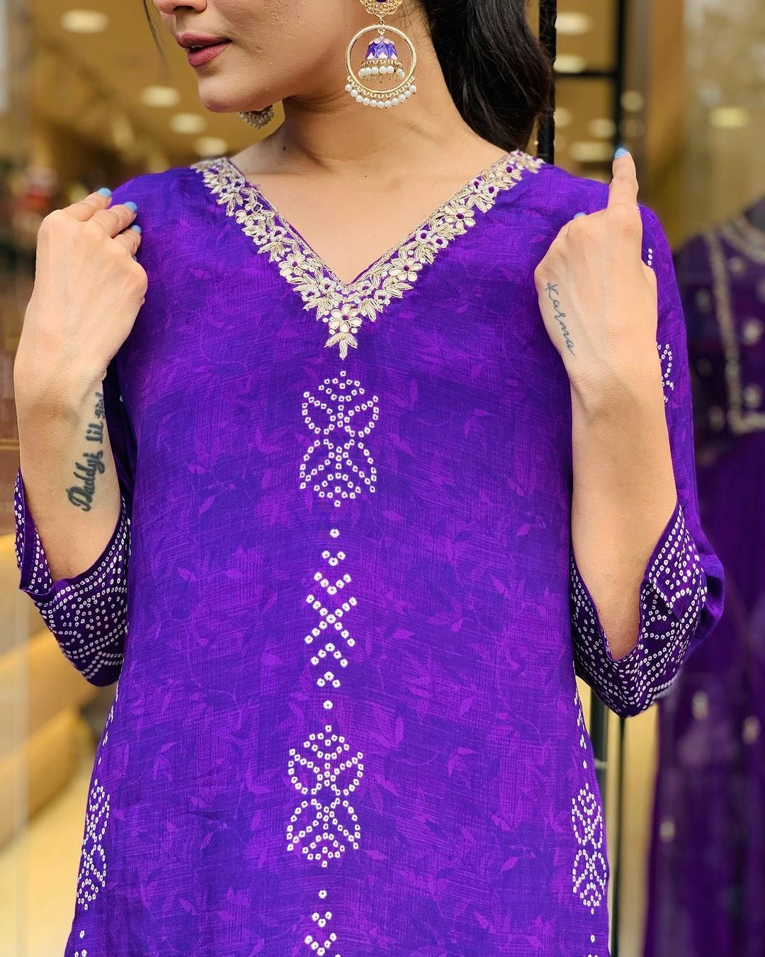 Purple Designer Handwork Digital Printed Kurta Top & Pant Set with Maslin Dupatta