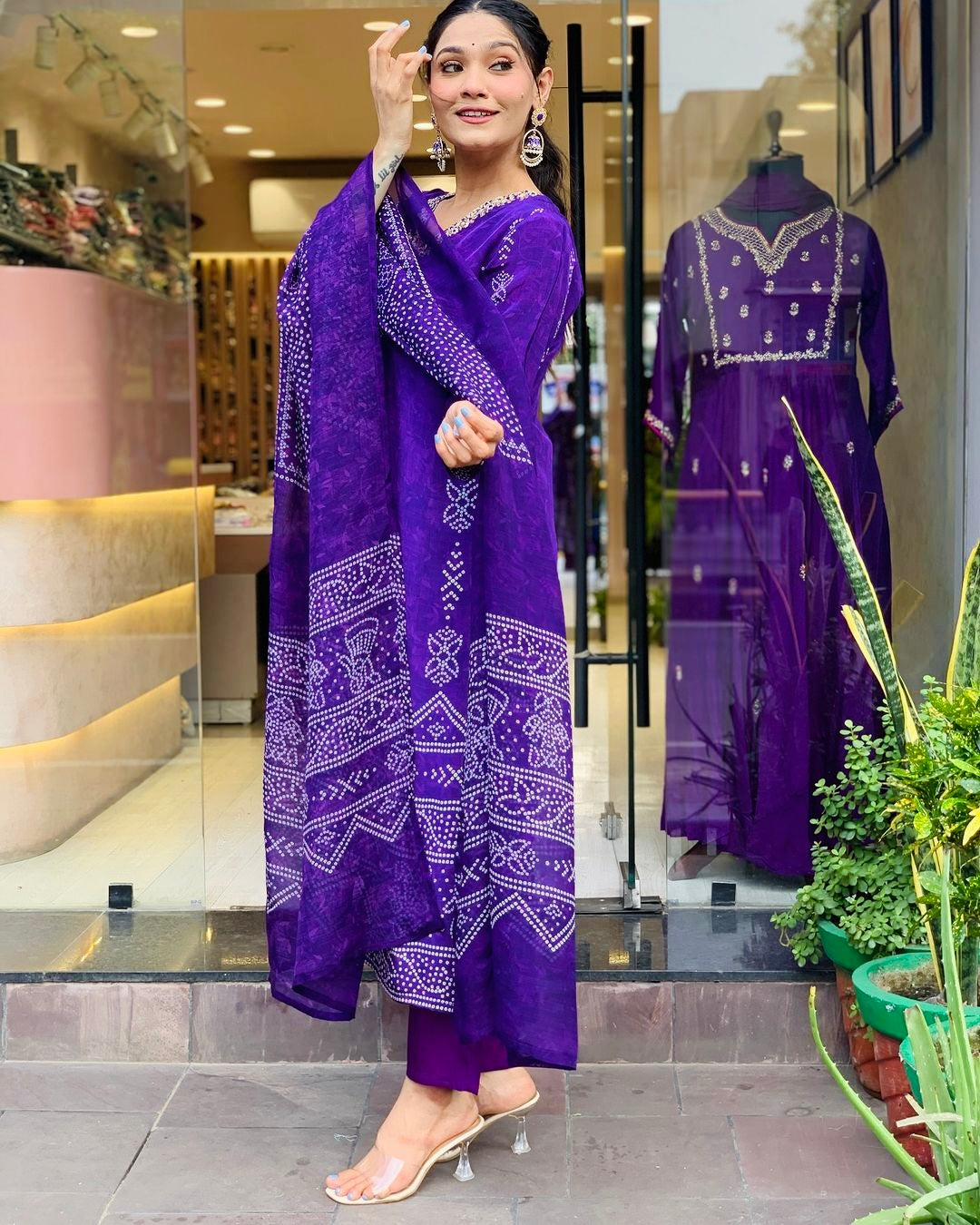 Purple Designer Handwork Digital Printed Kurta Top & Pant Set with Maslin Dupatta