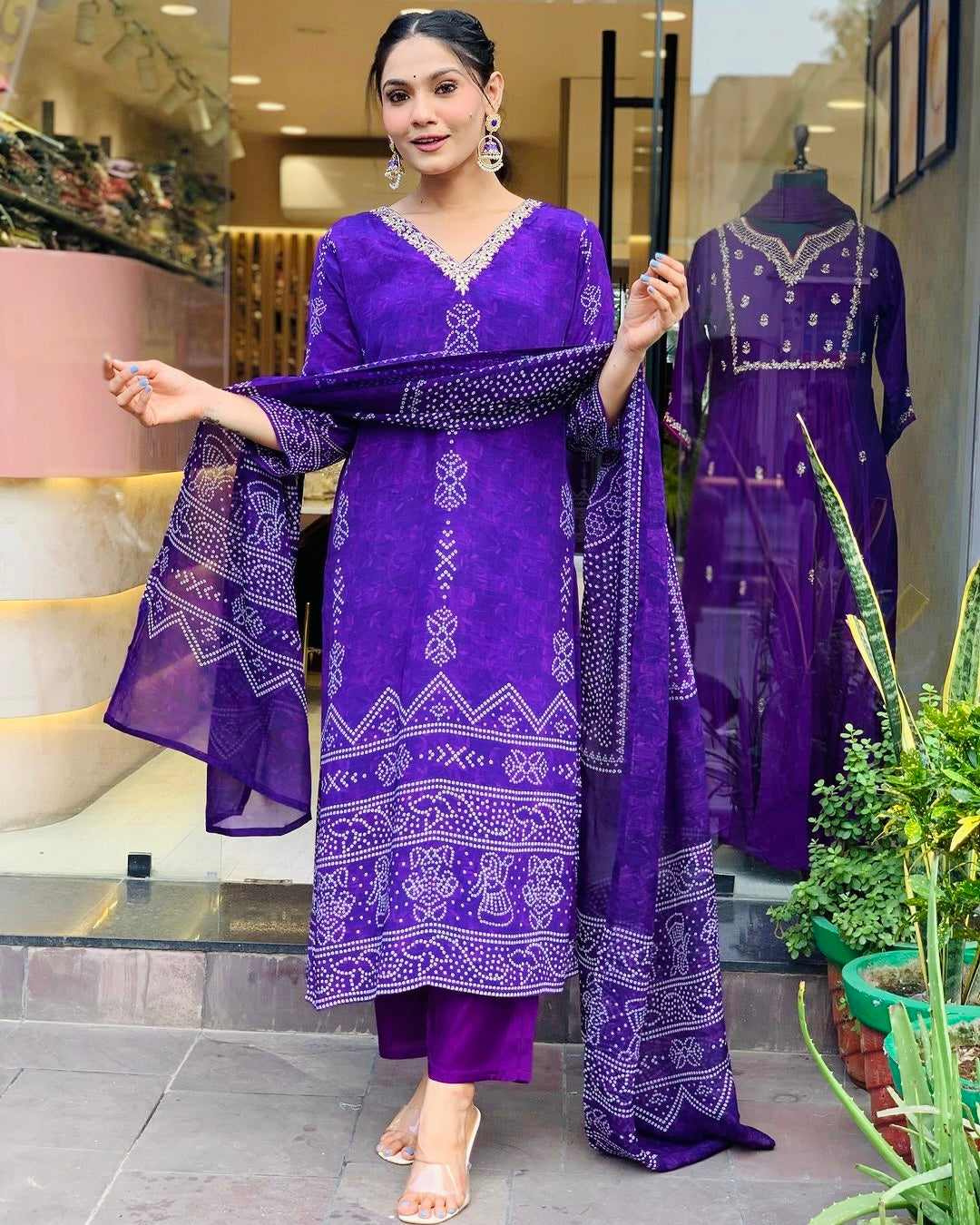 Purple Designer Handwork Digital Printed Kurta Top & Pant Set with Maslin Dupatta