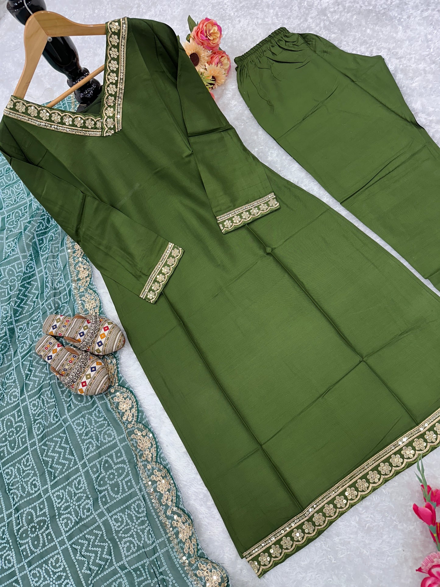 "Embroidered Rayon Party Wear Kurta Set with Digital Print Dupatta"