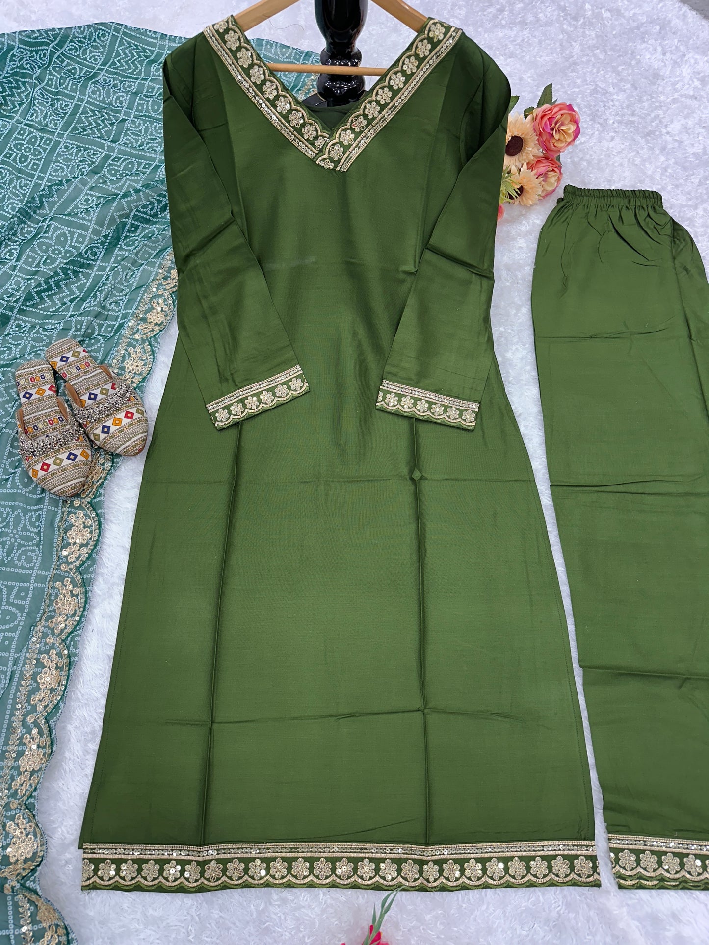 "Embroidered Rayon Party Wear Kurta Set with Digital Print Dupatta"